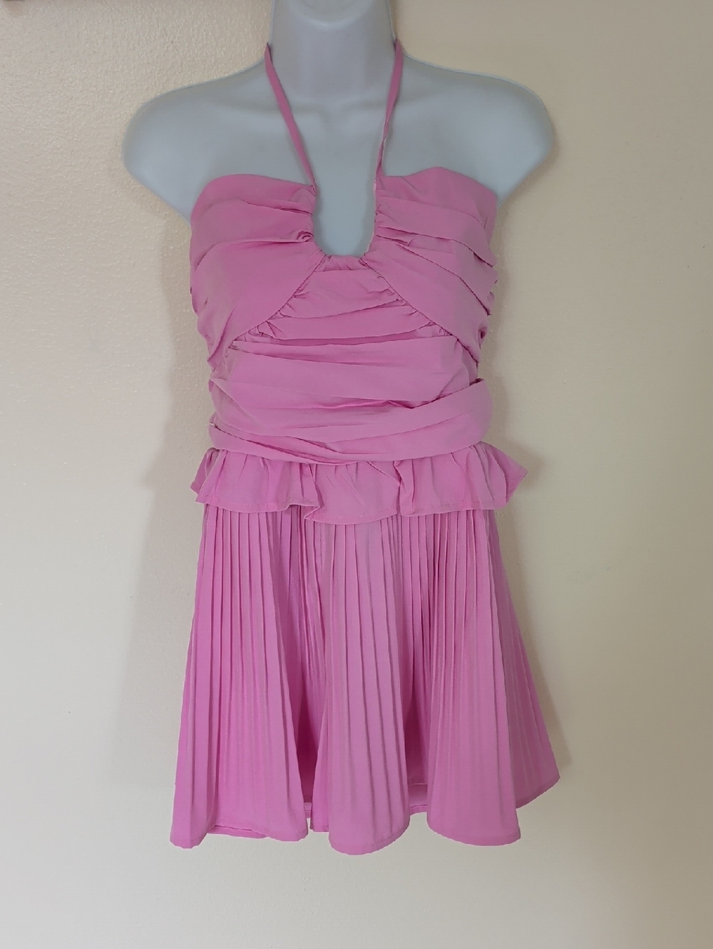 Pink Halter Pleated Ruffle Skort Mini Dress, Size Large